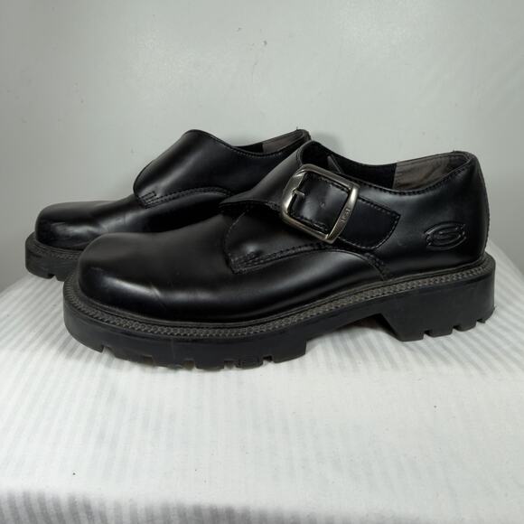 Skechers Black Leather Monk Strap Platform Loafers Chunky Lug Sole US 10 Oxford - Picture 5 of 12